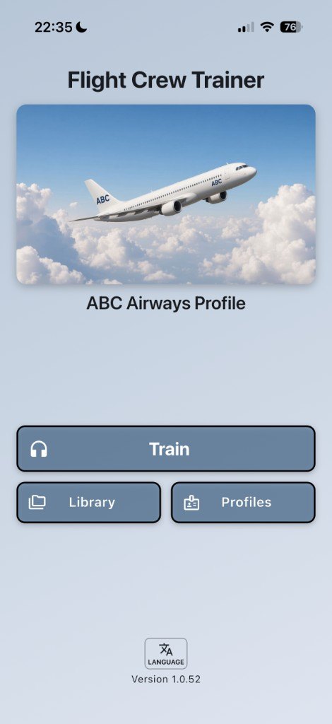 Flight Crew Trainer main menu, with Train, Library, and Profiles