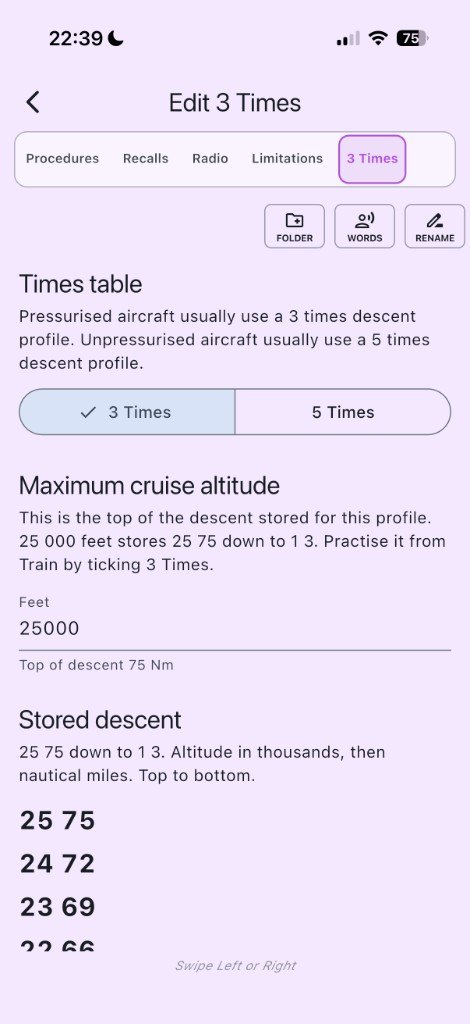 Edit 3 Times, with 3 Times selected, 25000 feet, and the stored descent