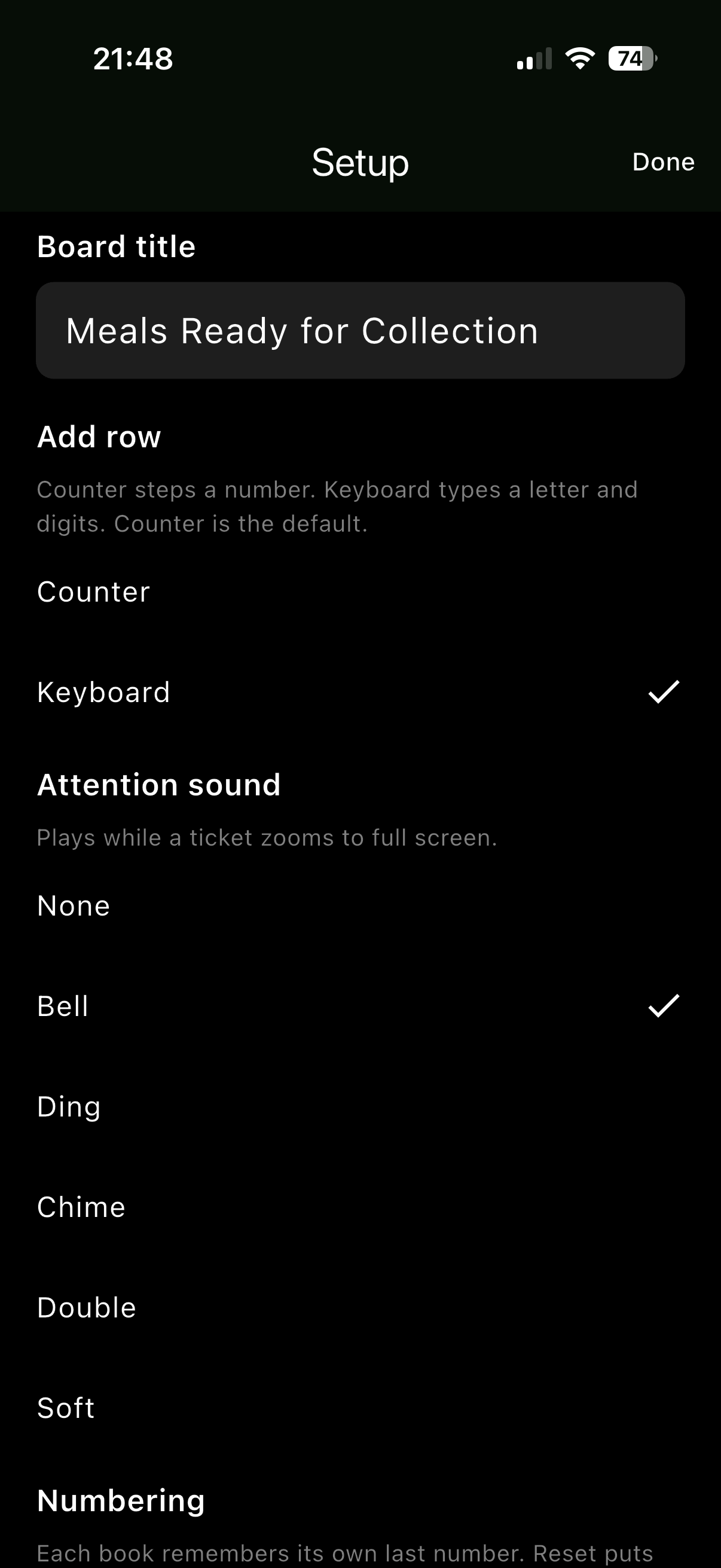 Meal Ready Setup screen with board title, Counter or Keyboard add row, and attention sound