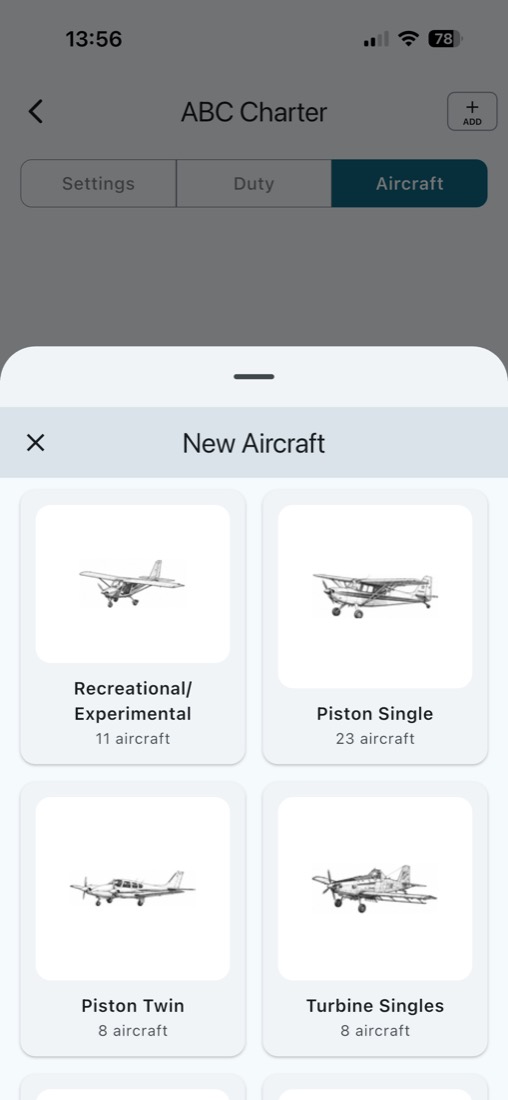 New aircraft picker grouped by type, including piston single and turbine singles