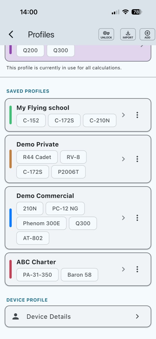Profiles list with a flying school, demo profiles, and a charter company
