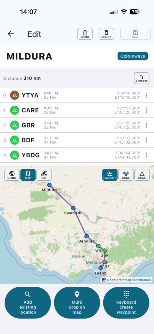 Route editor for a 310 nautical mile leg into Mildura, with the track drawn on the map