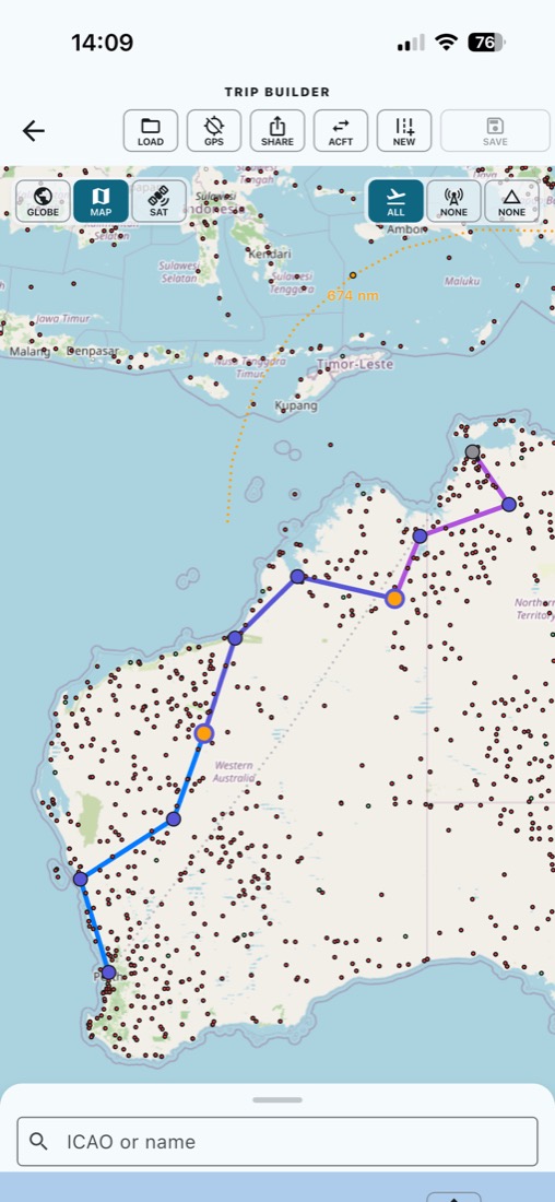 Trip Builder map of a multi-stop route across northern Western Australia